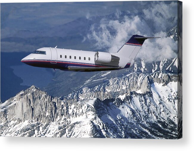 Challenger Business Jet Acrylic Print featuring the mixed media Challenger Corporate Jet over Snowcapped Mountains by Erik Simonsen