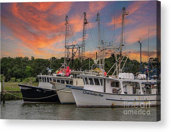 Charleston Star Acrylic Print featuring the photograph Charleston Star Long Liner Docked on Shem Creek at Sunset by Dale Powell