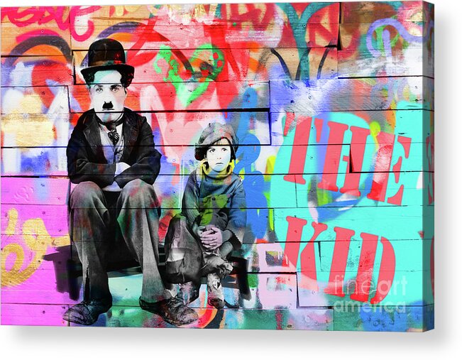 Charlie Acrylic Print featuring the photograph Charlie Chaplin and the Kid graffiti by Delphimages Photo Creations