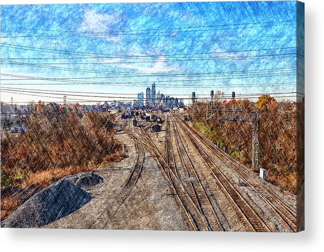 Charlotte-architecture-photography Acrylic Print featuring the digital art Charlotte Skyline from Matheson Bridge by SnapHappy Photos