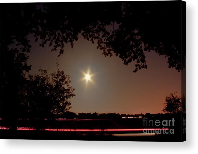 Charming Night Scene Star Rays Ed White Blue Moon Moonscape Dawn Sunset Car Traces Trees Silhouette Sky Stylish Nightscape Landscape Scenic Mood Impressions Emotional Beautiful Delightful Atmospheric Aesthetic Restful Relaxing Balanced Attractive Light Moonlight Serene Minimalist Minimalism Country Road Tranquillity Tranquil Delicate Gentle Magical Impressive Untroubled Peaceful Painterly Nature Abstract Stunning Expressive Inspirational Poetic Solitary Mindfulness Dreaming Pastoral Darkness Acrylic Print featuring the photograph Charming Night Scene With A Star Shaped Moon Moonscape Moon Still Sunset Red Sky And Car Traces by Tatiana Bogracheva
