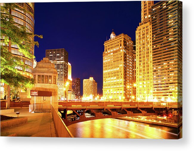 Chicago Skyline Acrylic Print featuring the photograph Chicago Skyline River Bridge Night by Patrick Malon