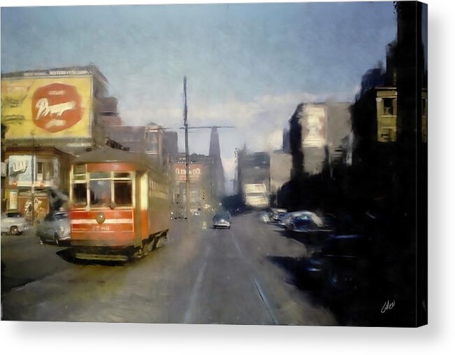 1950s Acrylic Print featuring the digital art Chicago Streetcar on Randolf near Halstead 1950s by Glenn Galen