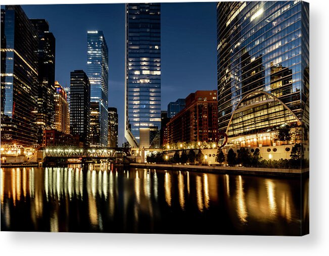 Chicago Acrylic Print featuring the photograph Chicago's beautiful wolf point at blue hour by Sven Brogren