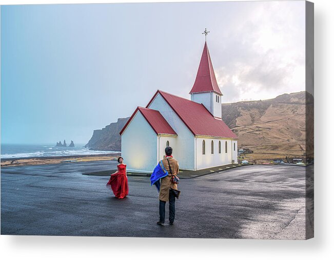 Winter Acrylic Print featuring the photograph Church above Reynisfjara black sand beach, Iceland by Dubi Roman