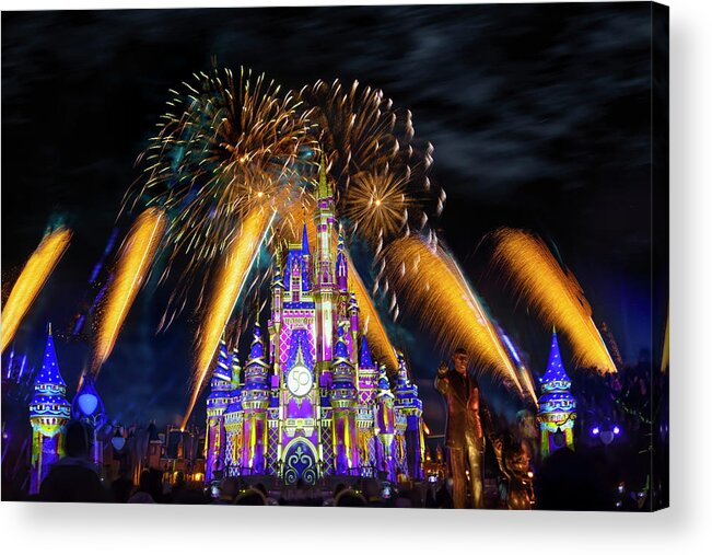 Magic Kingdom Acrylic Print featuring the photograph Cinderella Castle Fireworks at Walt Disney World by Mark Andrew Thomas