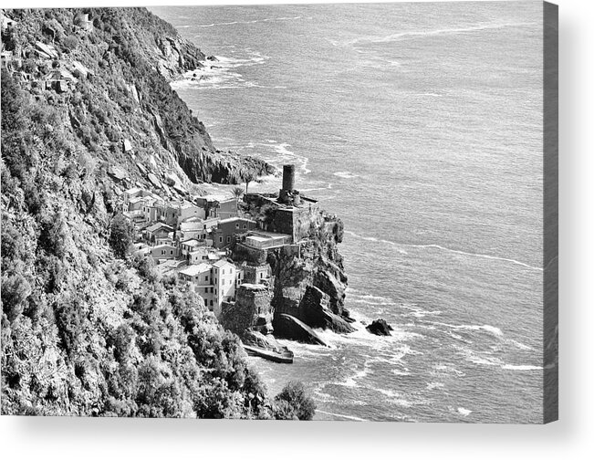 Cinque Terre Acrylic Print featuring the photograph Cinque Terre Trail Overlook of Vernazza and Doria Castle Italy Black and White by Shawn O'Brien