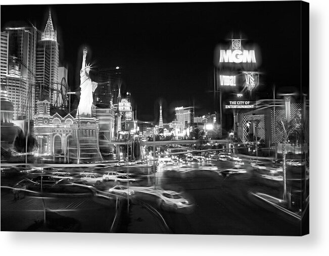 Las Vegas Acrylic Print featuring the photograph City of Lights The Strip Las Vegas Black and White by Carol Japp