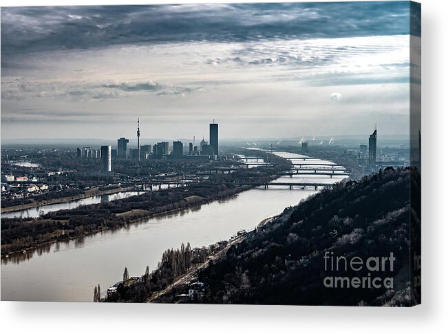 Aerial Acrylic Print featuring the photograph City Of Vienna With Suburbs And River Danube In Austria by Andreas Berthold