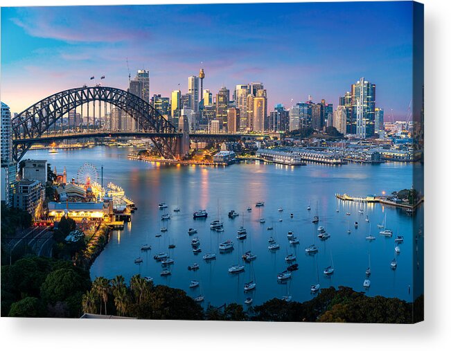 Downtown District Acrylic Print featuring the photograph Cityscape image of Sydney, Australia with Harbor Bridge and Sydney skyline during sunset. Vacation and travel in Australia. by Prasit photo