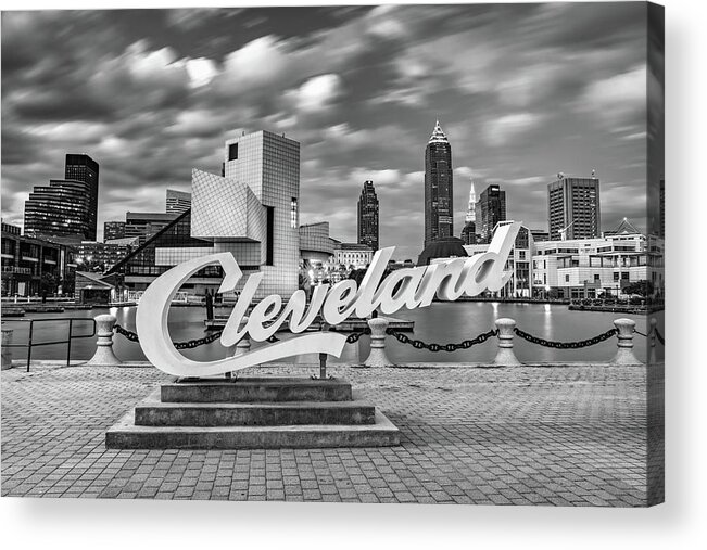 Cleveland Skyline Acrylic Print featuring the photograph Cleveland Ohio Skyline From North Coast Harbor - Black and White by Gregory Ballos