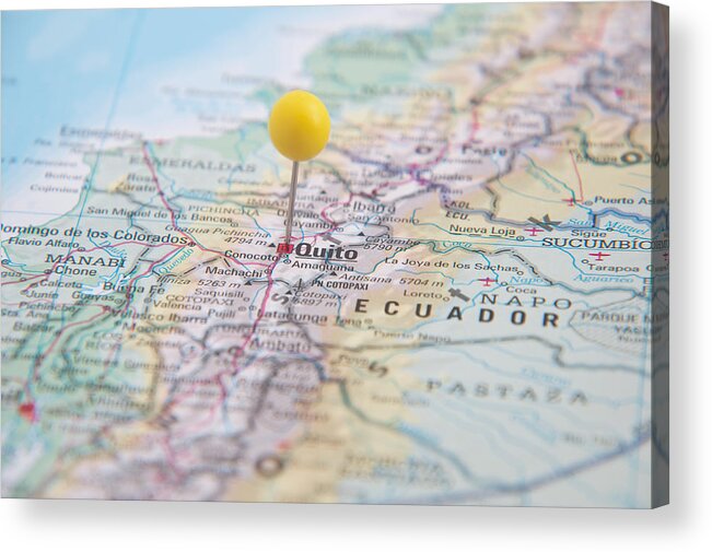Quito Acrylic Print featuring the photograph Close Up of Pin on map, Quito, Ecuador, South America. by Nodramallama