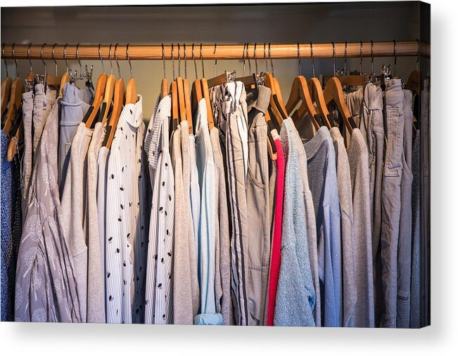 Color Image Acrylic Print featuring the photograph Clothes on rail in shop, close-up by Russ Rohde