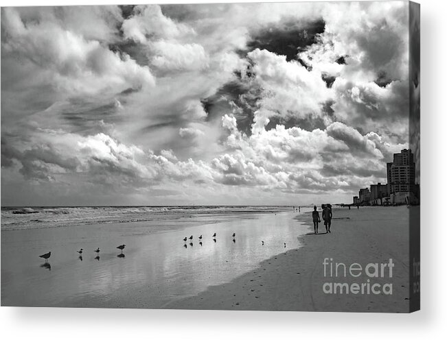 B&w Acrylic Print featuring the photograph Clouds at the Beach in Black and White by Neala McCarten
