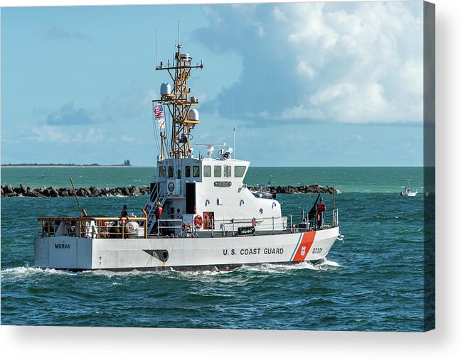 U.s Coast Guard Cutter Acrylic Print featuring the photograph Coast Guard Cutter Moray heads to sea. by Bradford Martin