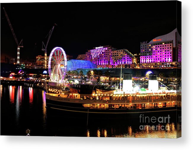 Cityscape Acrylic Print featuring the photograph Cockle Bay in VIVID Reflections by Diana Mary Sharpton