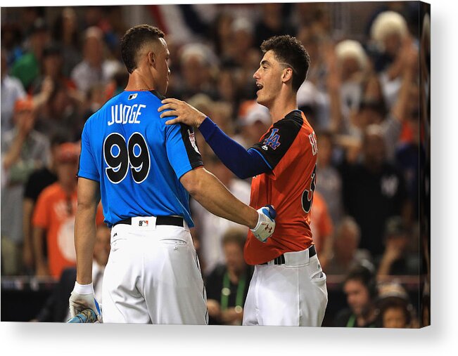 Three Quarter Length Acrylic Print featuring the photograph Cody Bellinger and Aaron Judge by Mike Ehrmann
