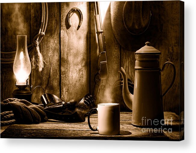 Antique Acrylic Print featuring the photograph Coffee at the Cabin - Sepia by Olivier Le Queinec