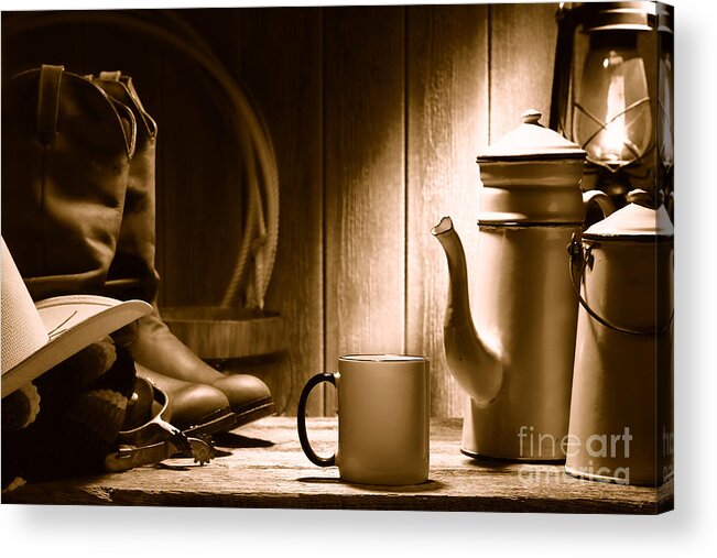 Western Acrylic Print featuring the photograph Coffee at the Ranch - Sepia by Olivier Le Queinec