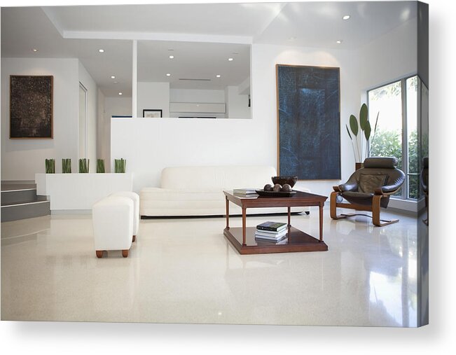 Built Structure Acrylic Print featuring the photograph Coffee table, chairs and walls in modern living space by Camilo Morales