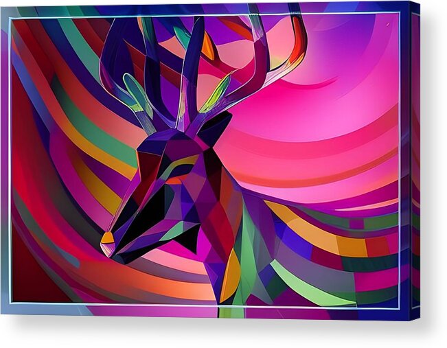 Digital Acrylic Print featuring the digital art Colorful Deer with Horns by Beverly Read