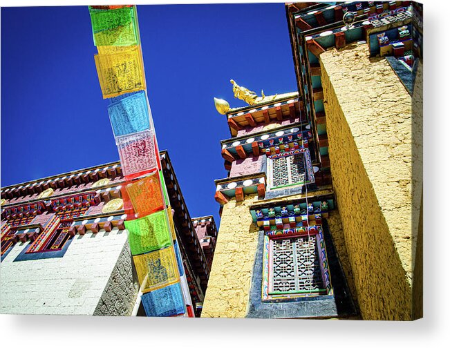 Outdoor Acrylic Print featuring the photograph Colorful Tibetan monastery with prayer flags spreading good fortune by Adelaide Lin