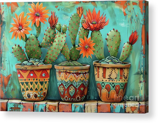 Cacti Acrylic Print featuring the painting Colorful Potted Cactus by Tina LeCour