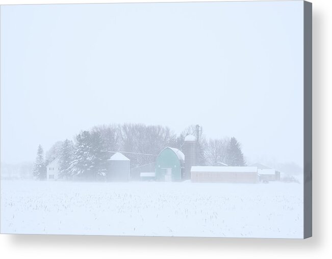 Pastel Acrylic Print featuring the photograph Cool Pastels - pastel colored farm buildings in a Wisconsin snowstorm by Peter Herman