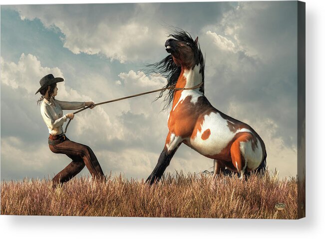 Cowgirl Taming A Horse Acrylic Print featuring the digital art Cowgirl Taming a Horse by Daniel Eskridge