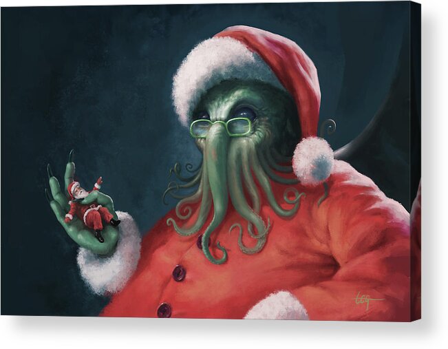 Cthulhu Acrylic Print featuring the painting Cthulhu Claus - Holiday Snack by Tom Gehrke