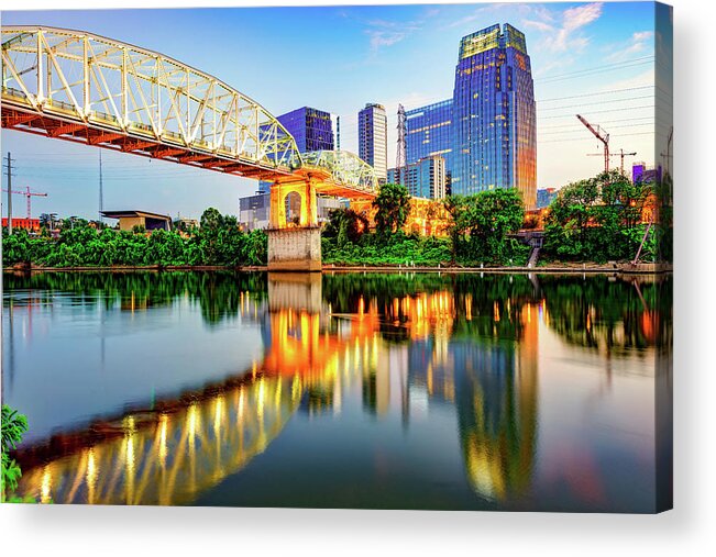 Cumberland River Acrylic Print featuring the photograph Cumberland River and Pedestrian Bridge in Downtown Nashville Tennessee by Gregory Ballos