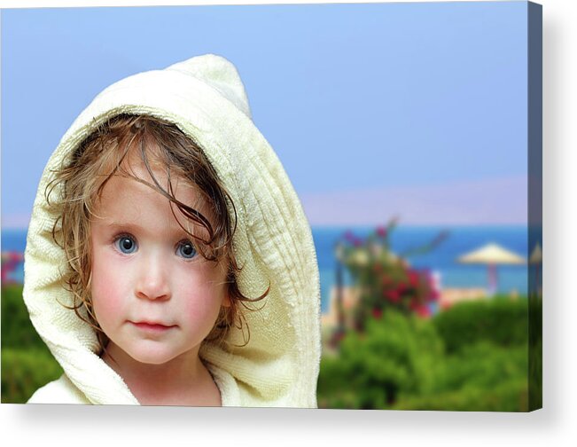 Childhood Acrylic Print featuring the photograph Cute Girl In Bathrobe On Beach by Mikhail Kokhanchikov