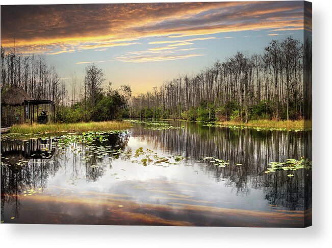 Boats Acrylic Print featuring the photograph Cypress Reflections at Sunset by Debra and Dave Vanderlaan