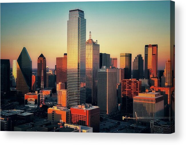 Dallas Acrylic Print featuring the photograph Dallas Skyline At Sunset by Joe Paul