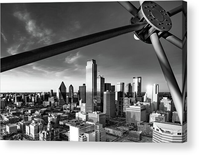 Dallas Skyline Acrylic Print featuring the photograph Dallas Skyline From The Observation Deck of Reunion Tower in Monochrome by Gregory Ballos