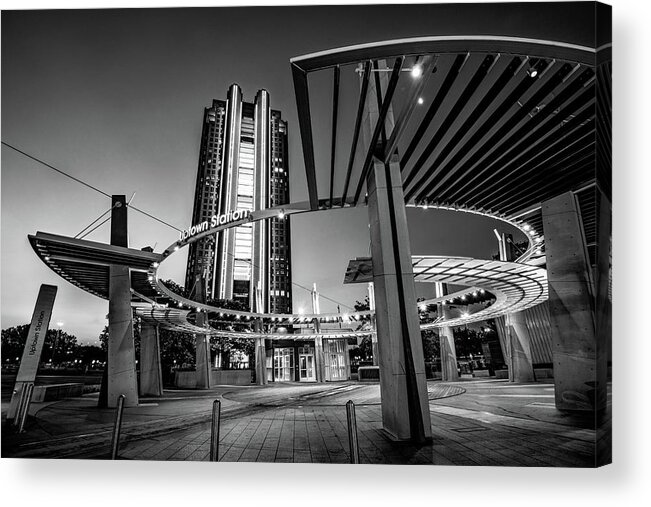 Dallas Texas Acrylic Print featuring the photograph Dallas Uptown Station at Dawn in Black and White by Gregory Ballos
