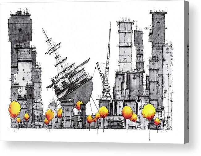 City Acrylic Print featuring the drawing Dark city with one ship by Martin Lachmair
