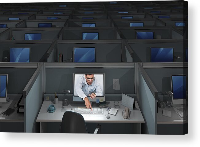 Empty Acrylic Print featuring the photograph Dark office, one computer on, man touches keyboard by Dimitri Otis