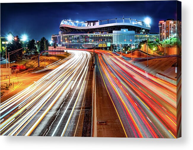Broncos Stadium Acrylic Print featuring the photograph Denver Cityscape and Football Stadium - Mile High City by Gregory Ballos