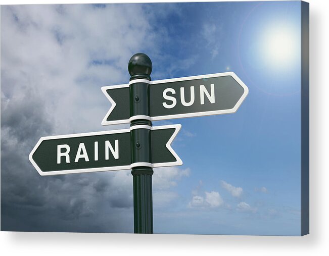 Pole Acrylic Print featuring the photograph Directional signs pointing to rain and sunshine by Dimitri Otis