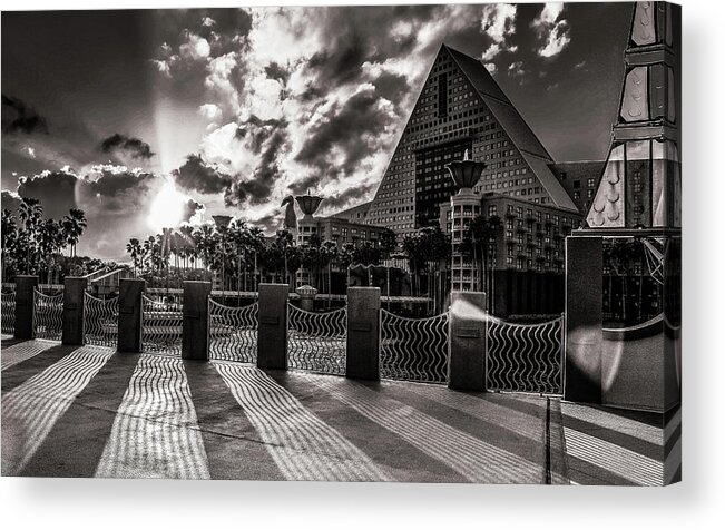 Disney Acrylic Print featuring the photograph Disney Dolphin Hotel BW by Jason Nicholas