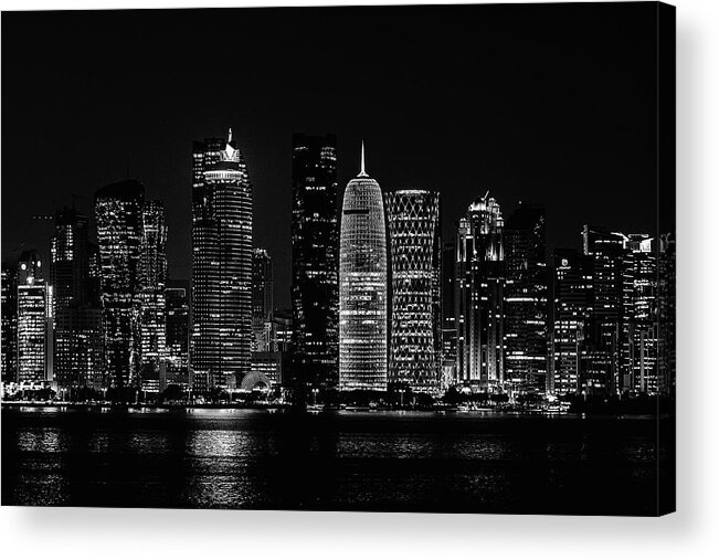 Yancho Sabev Photography Acrylic Print featuring the photograph Doha Skyline By Night in BW by Yancho Sabev Art