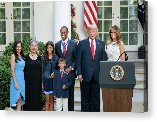 Donald Trump Acrylic Print featuring the photograph Donald Trump Medal of Honor to Tiger Woods by Shealah Craighead