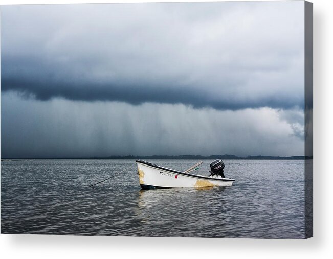 Down East Skiff Acrylic Print featuring the photograph Down East Skiff at Anchor by Bob Decker