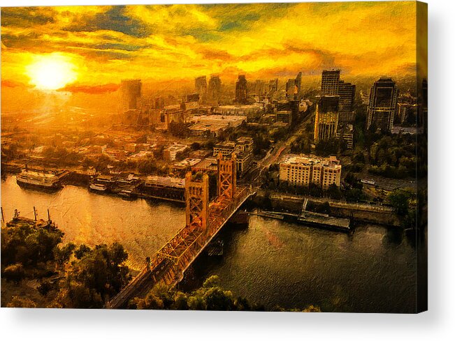 Sacramento Acrylic Print featuring the digital art Downtown Sacramento and Tower Bridge at sunset - digital painting by Nicko Prints