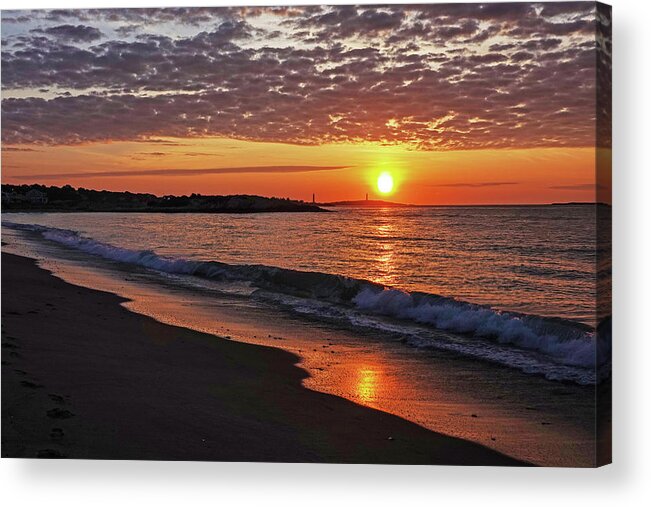 Gloucester Acrylic Print featuring the photograph Dramatic Sky Sunrise over Thacher Island from Long Beach in Rockport MA Golden Sunrise Wave by Toby McGuire