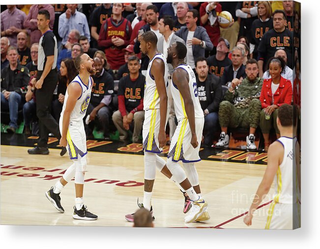 Playoffs Acrylic Print featuring the photograph Draymond Green, Stephen Curry, and Kevin Durant by Mark Blinch
