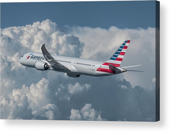 American Airlines Acrylic Print featuring the mixed media Dreamliner in the Clouds by Erik Simonsen