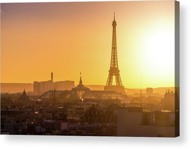 Champs-elysees Acrylic Print featuring the photograph Eiffel Tower and Grand Palais at Sunset by Serge Ramelli