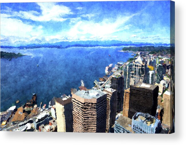 Columbia Center Acrylic Print featuring the digital art Elliott Bay Seattle by SnapHappy Photos